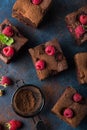 Raspberry brownies served with fresh berries on blue background Royalty Free Stock Photo