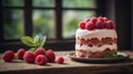 Raspberry cake featuring frosting as well as mint leaves atop rustic wooden table. Royalty Free Stock Photo