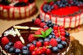 Raspberry cake and many fresh raspberries ,Forest wild berry fruits Muss cake with chocolate an white chocolate Royalty Free Stock Photo