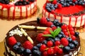 Raspberry cake and many fresh raspberries ,Forest wild berry fruits Muss cake with chocolate an white chocolate Royalty Free Stock Photo