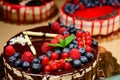 Raspberry cake and many fresh raspberries ,Forest wild berry fruits Muss cake with chocolate an white chocolate Royalty Free Stock Photo