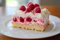 Raspberry cake slice on white plate in soft natural light. Neural network AI generated Royalty Free Stock Photo