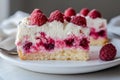 Raspberry cake slice on white plate in soft natural light. Neural network AI generated Royalty Free Stock Photo