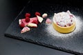 Raspberry cake tart with cream, almond and chocolate