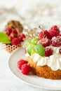 Raspberry Cake with whipped cream on pink background Royalty Free Stock Photo