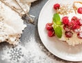 Raspberry Cake with whipped cream on pink background Royalty Free Stock Photo