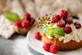 Raspberry Cake with whipped cream on pink background Royalty Free Stock Photo