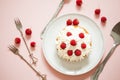 Raspberry Cake with whipped cream on pink background Royalty Free Stock Photo