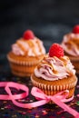 Raspberry and caramel cupcakes on dark background