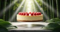 Raspberry Cheesecake Against a Backdrop of Bamboo with a Lightbeam Effect Royalty Free Stock Photo