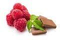 Raspberry , Chocolate and green leaf on white Royalty Free Stock Photo