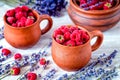raspberry composition in pottery with dry lavender rustic backgr