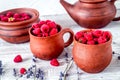 raspberry composition in pottery with dry lavender rustic backgr