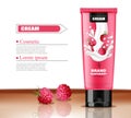 Raspberry cosmetics bottle Vector realistic. Hand cream container mock up. Product packaging design 3d illustrations