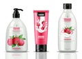 Raspberry cosmetics bottles set collection Vector realistic. Liquid soap, hand cream, shampoo raspberry containers mock