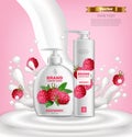 Raspberry cosmetics set Vector realistic. Liquid soap collection. Product packaging mock up. Label design bottles milk