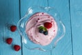 Raspberry cream dessert with mint and fruits Royalty Free Stock Photo
