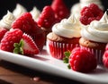 Raspberry cupcakes decorated with raspberries and wiped cream