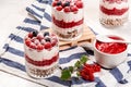 Raspberry dessert, cheesecake, trifle, mouse in a glass. sweet raspberry dessert