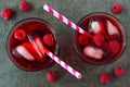 Raspberry drinks with straws, overhead view on stone background Royalty Free Stock Photo