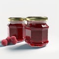 Raspberry Euphoria: Twin Jars of Berry Bliss, With Fresh Raspberries on a White Background