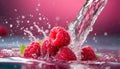 Raspberry fall in clear water on magenta and purple background. Fruit, wellness, summer concept.