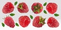 Raspberry falling from different angles. Flying raspberry with green leaf on transparent background. 3D realistic Royalty Free Stock Photo