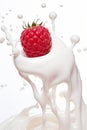 A raspberry is falling into a milk splash. Generative AI image. Royalty Free Stock Photo