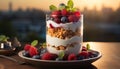 Raspberry fruit, dessert berry, freshness, gourmet yogurt, healthy eating generated by AI