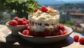 Raspberry fruit, dessert freshness, summer yogurt, gourmet sweet food bowl generated by AI