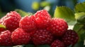 Raspberry fruit with light and blurred nature background. Generative AI.