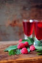Raspberry fruit liqueur in two shot glasses with berries and green leaves Royalty Free Stock Photo