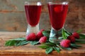 Raspberry fruit liqueur in two shot glasses with berries and green leaves Royalty Free Stock Photo