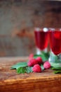 Raspberry fruit liqueur in two shot glasses with berries and green leaves Royalty Free Stock Photo