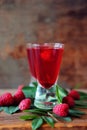 Raspberry fruit liqueur in two shot glasses with berries and green leaves Royalty Free Stock Photo