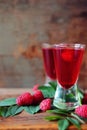 Raspberry fruit liqueur in two shot glasses with berries and green leaves Royalty Free Stock Photo