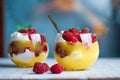 Raspberry fruit parfait with cream in a cup Royalty Free Stock Photo