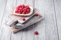 Raspberry fruits in plate on old cutting boards, healthy pile of summer berries on grey wooden background Royalty Free Stock Photo