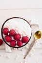 Raspberry ice cream in coconut bowl on white background, exotic dessert, trendy smoothie bowl Royalty Free Stock Photo
