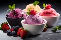 Raspberry ice cream in a colorful cup, appetizing, with delicious strawberries and blueberries Royalty Free Stock Photo