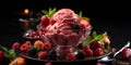 Raspberry ice cream with fresh raspberries and blackberries on a black background. ia generative Royalty Free Stock Photo