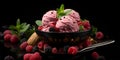 Raspberry ice cream with fresh raspberries and blackberries on a black background. ia generative Royalty Free Stock Photo