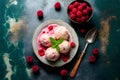 Raspberry ice cream with fresh raspberries and mint leaves in bowl over dark rusty background. Top view Royalty Free Stock Photo