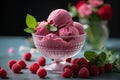 Raspberry ice cream in glass bowl with fresh raspberries and mint on black background Royalty Free Stock Photo