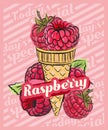 Raspberry ice cream scoop in cone. Vector sketch illustration. Fruit ice cream idea, concept