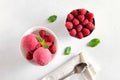 Raspberry ice cream scoop with fresh raspberries in bowl Royalty Free Stock Photo