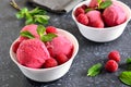 Raspberry ice cream scoop with fresh raspberries in bowl Royalty Free Stock Photo