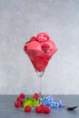 Raspberry ice cream sorbet in glass with raspberry, mint leaves Royalty Free Stock Photo