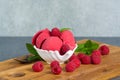 Raspberry ice cream sorbet in white porcelaine bowl with raspberry, mint leaves copy space on wooden plank and grey textured Royalty Free Stock Photo