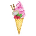 Raspberry ice-cream in waffle cone decorated with chocolate waffles, berries, cookies and candies. Pink Fruit Ice Cream